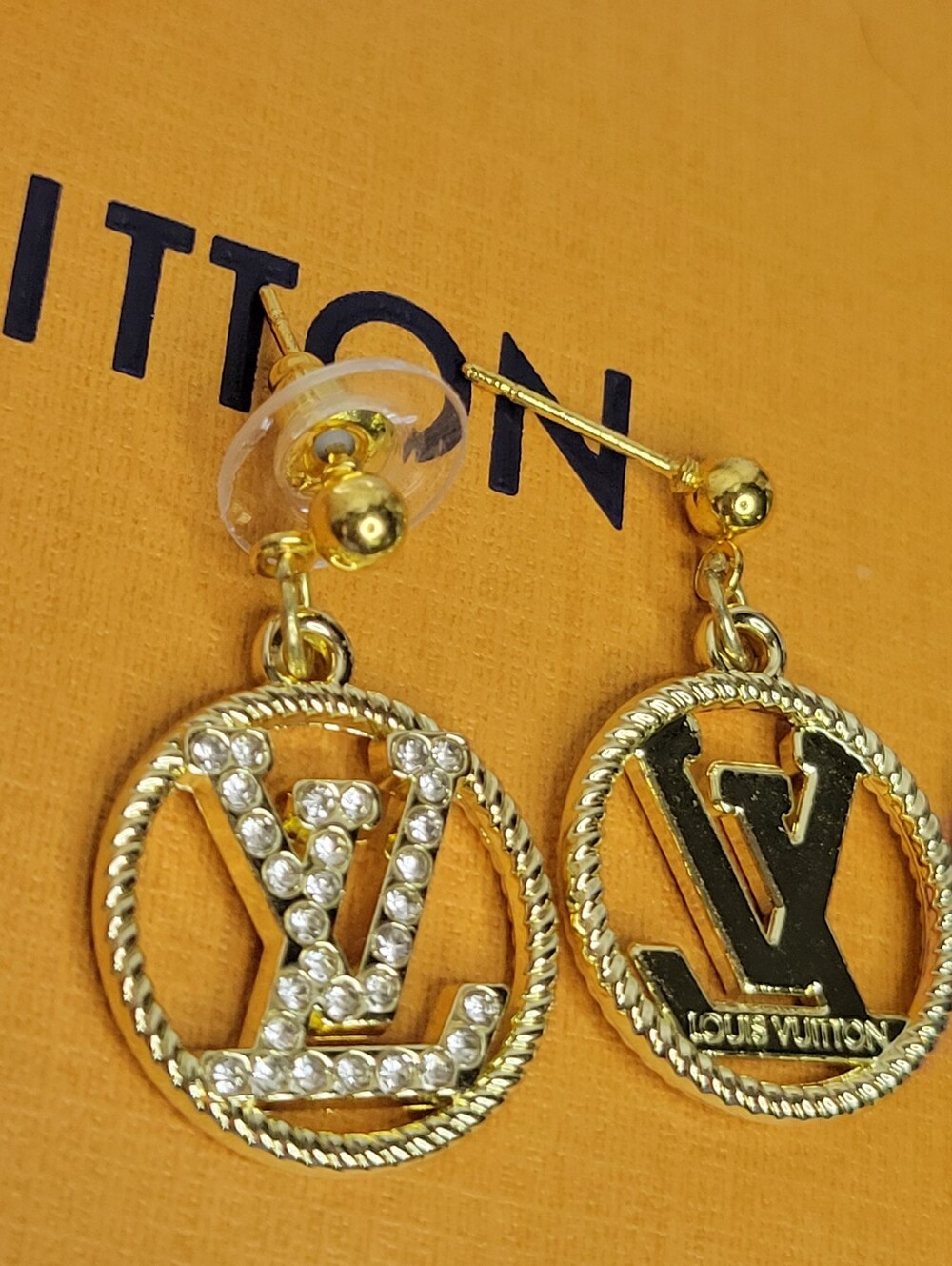 Gold Crystal LV Monogram Drop Earrings